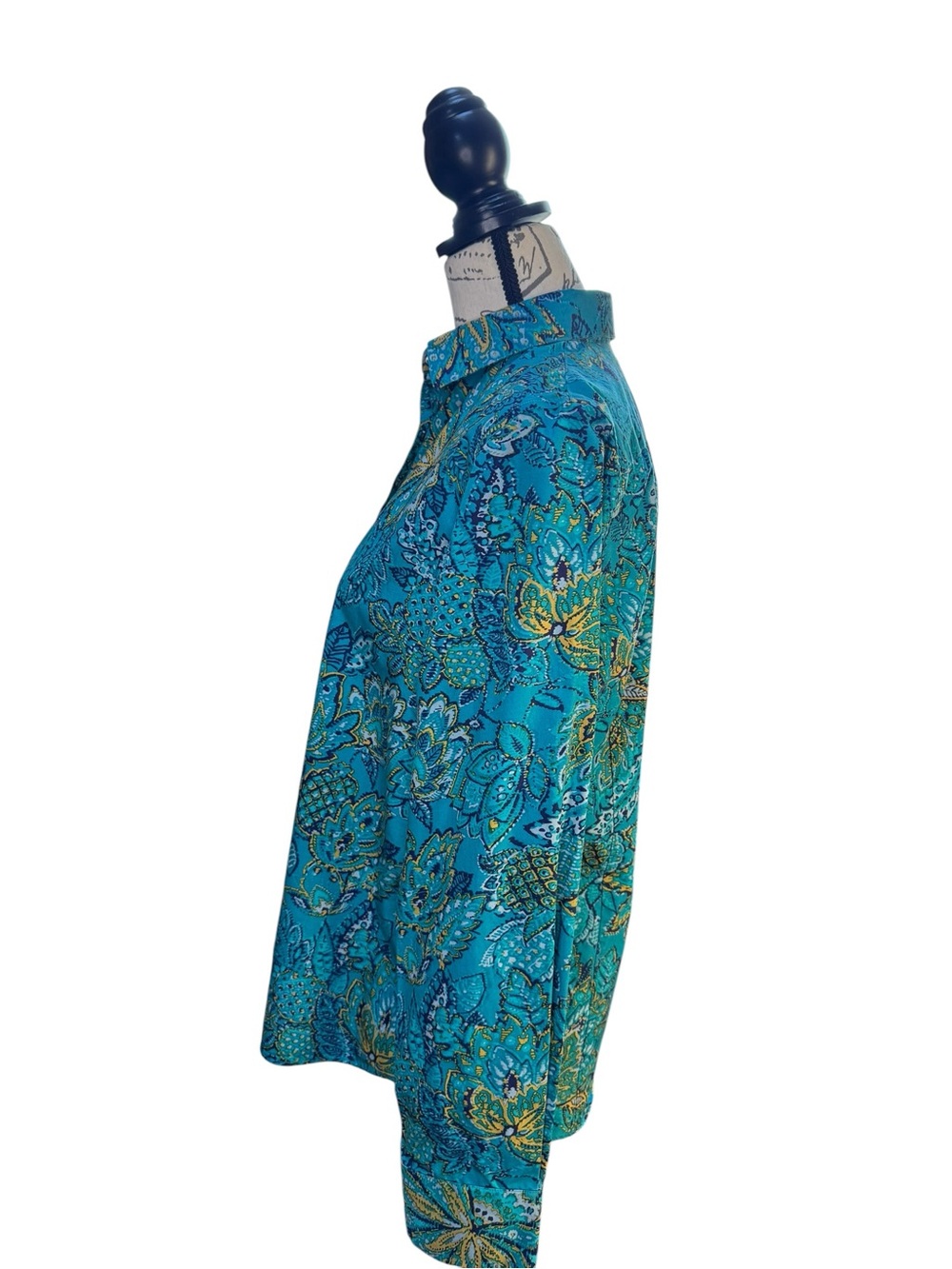 Lands' End Turquoise Floral Button-Front Blouse Size 12 - Picture 3 of 11